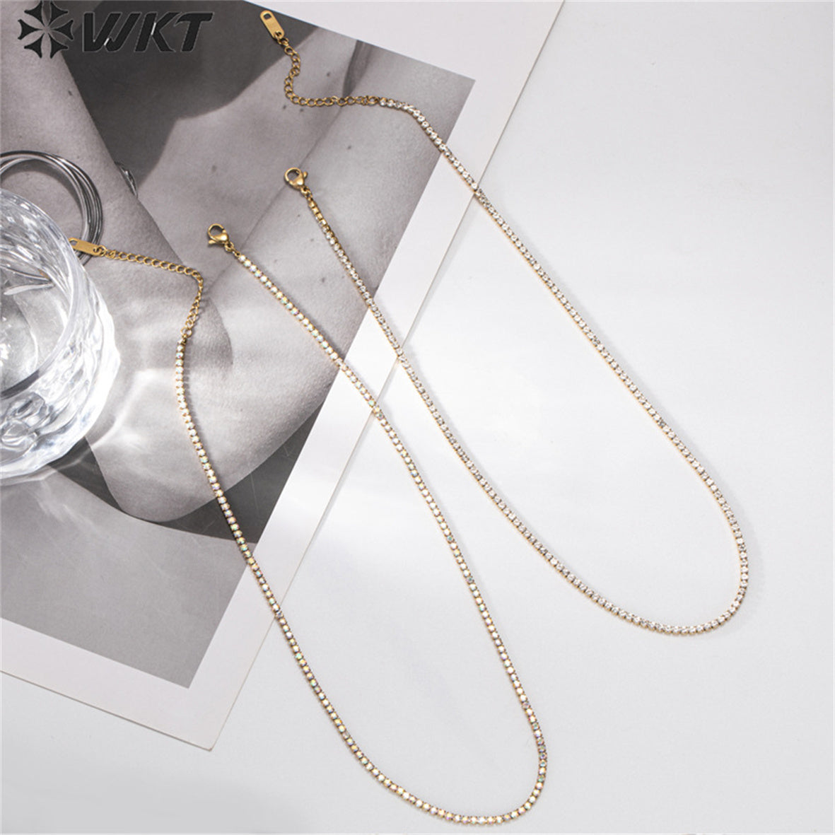 WT-MN980 New 16 Inch Micropaved Cubic Zircon Chain Necklace Colorful Zircon Stone Choker Necklace for Lady Tiny Prong Setting