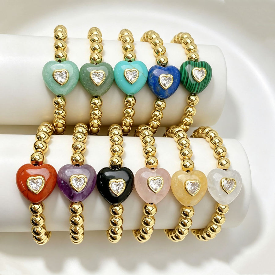 WT-B719 Newest Fashion Design Gold Brass Beads With Natural Gemstone Zircon Heart Shape Pendant Bracelets As Women Party Jewelry