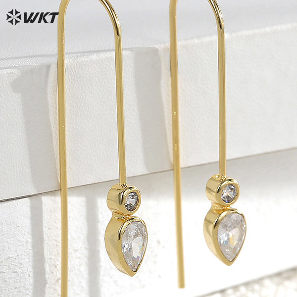WT-ME115 Exquisite Long Bending Shape Temperament Earrings With Double Zircon Paved Yellow Brass Women Simple Decorated