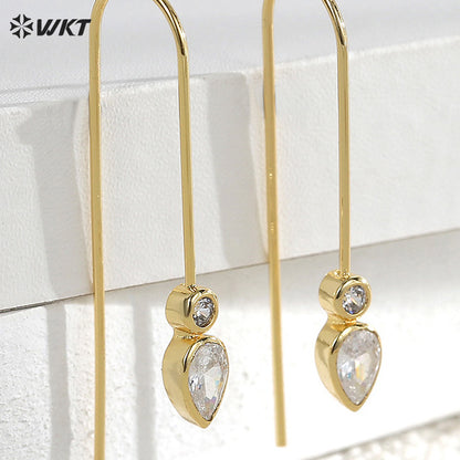 WT-ME115 Exquisite Long Bending Shape Temperament Earrings With Double Zircon Paved Yellow Brass Women Simple Decorated