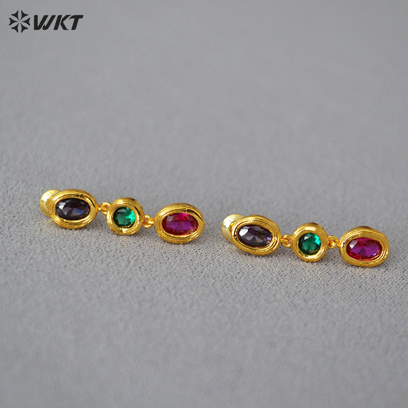 WT-ME106 Wholesale Fashion 18K Real Gold Plated Long Dangle Oval Colorful Cubic Zircon Women Earrings