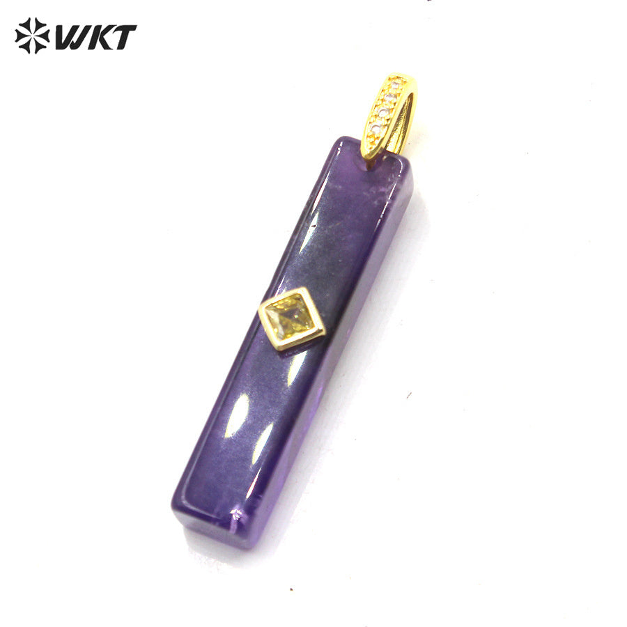 WT-P2123 Wonderful Colorful Zircon And Natural Gemstones Long Bar Shape Gold Pendants For Simple Style Necklace Making