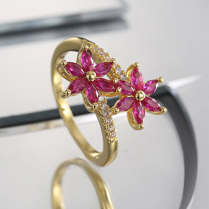 WT-MR044 Newest Modern Trendy Gold Plated Cubic Zircon Double Flowers Shape Women Rings For Party Decoration Accessories