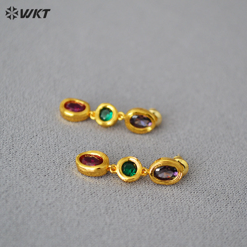 WT-ME106 Wholesale Fashion 18K Real Gold Plated Long Dangle Oval Colorful Cubic Zircon Women Earrings