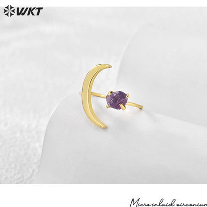 WT-R494 Women Fashion Unique 18K Real Gold Plated Crescent Horn Moon Raw Amethyst Stone Ring in Office Style