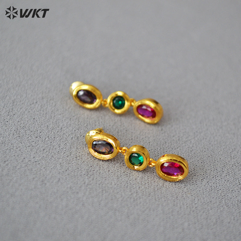 WT-ME106 Wholesale Fashion 18K Real Gold Plated Long Dangle Oval Colorful Cubic Zircon Women Earrings
