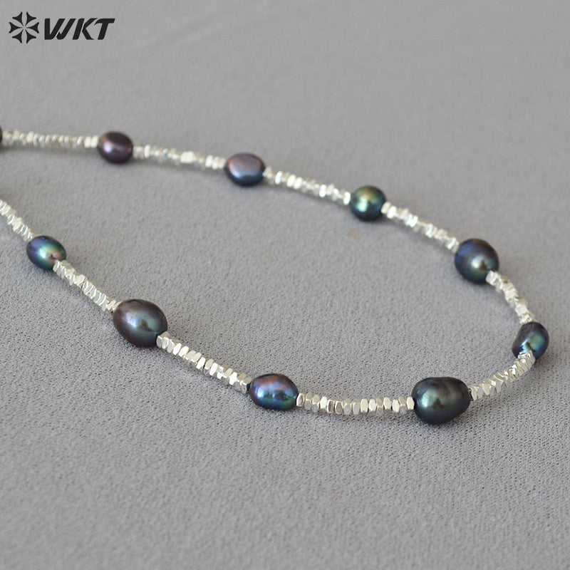 WT-JN260 Amazing Gorgeous Factory Sale Silver Black Tahiti Freshwater Pearl Beads Necklace for Friend Birthday Gift