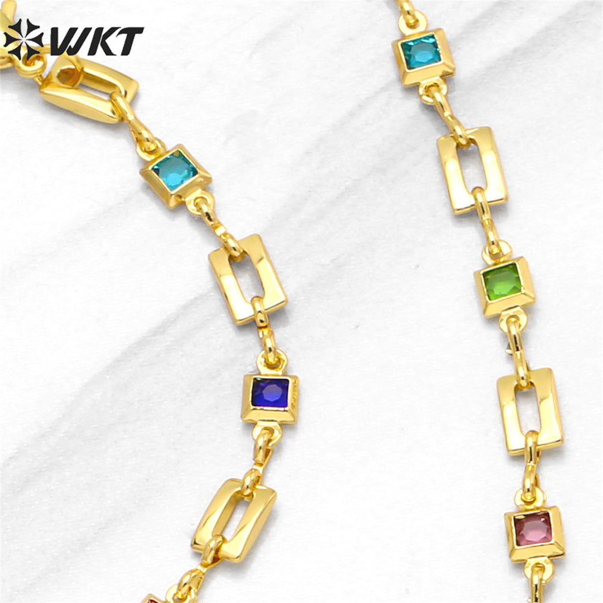 WT-BFN048 Hip-hop Trend Geometric Rectangular Stitching Necklace Bracelet Set Colored Zircon Necklace 18k Gold Metal Necklace