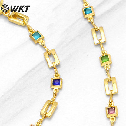 WT-BFN048 Hip-hop Trend Geometric Rectangular Stitching Necklace Bracelet Set Colored Zircon Necklace 18k Gold Metal Necklace