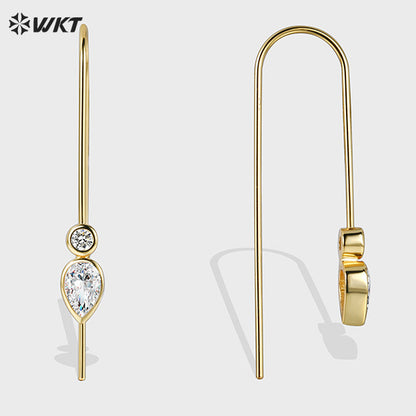 WT-ME115 Exquisite Long Bending Shape Temperament Earrings With Double Zircon Paved Yellow Brass Women Simple Decorated