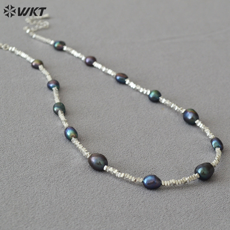 WT-JN260 Amazing Gorgeous Factory Sale Silver Black Tahiti Freshwater Pearl Beads Necklace for Friend Birthday Gift