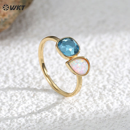 WT-MR037 Blue Square Zircon and Waterdrop Opal Charms Special Exquisite Design Ring for Winter&Autumn Fine Decorative