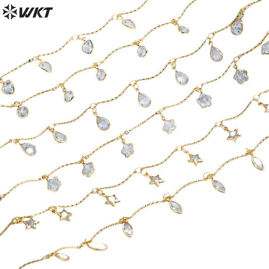 WT-RBC242 Beautiful Simple Elegant and Fresh Style New Design Heart and Star Shape Crystal Charms Brass Chain DIY for Necklace