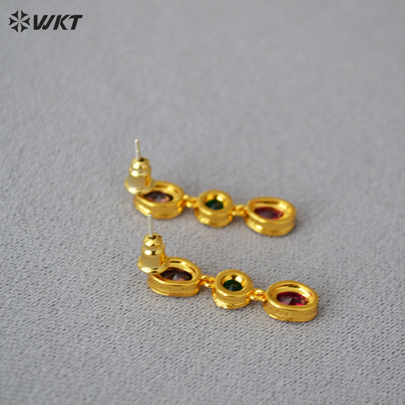 WT-ME106 Wholesale Fashion 18K Real Gold Plated Long Dangle Oval Colorful Cubic Zircon Women Earrings