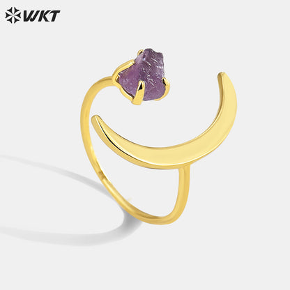 WT-R494 Women Fashion Unique 18K Real Gold Plated Crescent Horn Moon Raw Amethyst Stone Ring in Office Style
