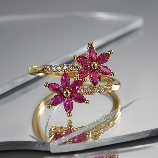 WT-MR044 Newest Modern Trendy Gold Plated Cubic Zircon Double Flowers Shape Women Rings For Party Decoration Accessories