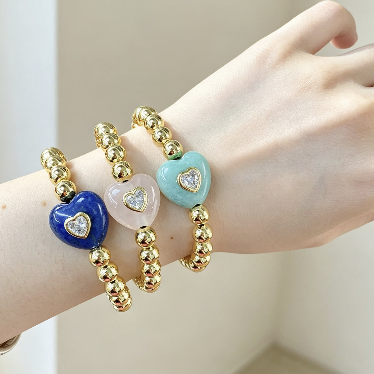 WT-B719 Newest Fashion Design Gold Brass Beads With Natural Gemstone Zircon Heart Shape Pendant Bracelets As Women Party Jewelry