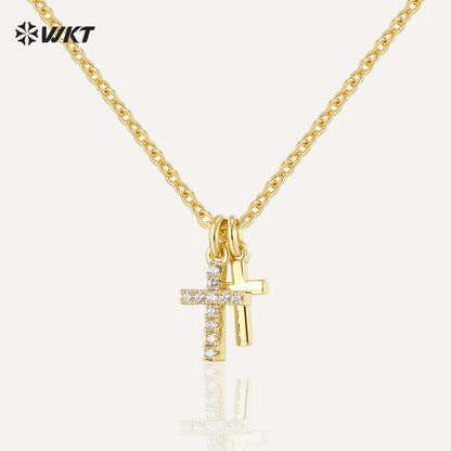 WT-MN998 Trendy Exquisite Double Cross Cubic Zircon Paved Pendant Collarbone Chain Necklace for Women Skirt Jewelry