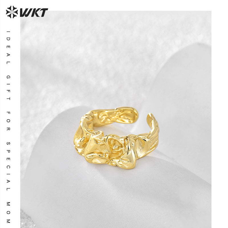 WT-R493 Fashion 18k Real Gold Plated Hammer Pattern Design Jewelry Ring for Women Gift Lava Veins Rings