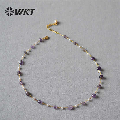 WT-N1419 Lucky Handmade 16inch Long Choker Necklace Natural Amethyst Stone Beads Rosary Chain Necklace INS Hot Necklace