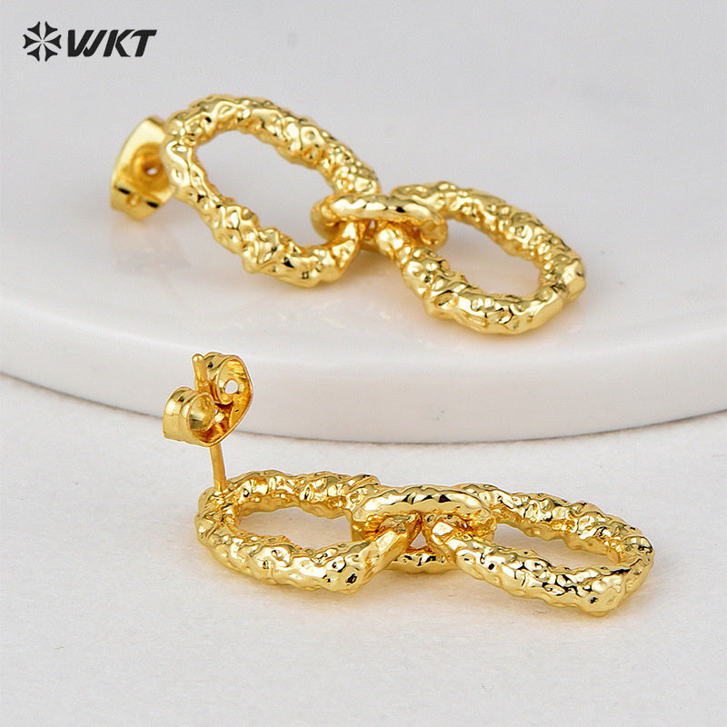 WT-E743 Wholesale Fashion France Hot Sale Chain Connect Metal Irregular lava Veins Earring With18k Real Gold Plated