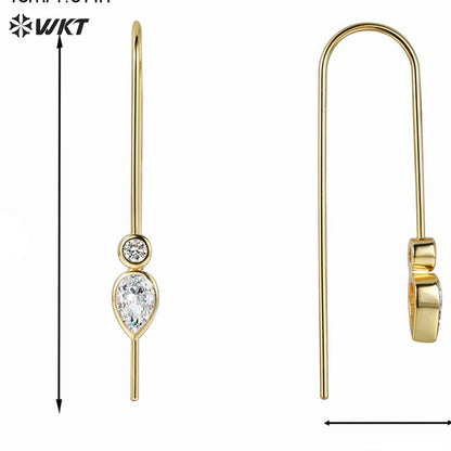 WT-ME115 Exquisite Long Bending Shape Temperament Earrings With Double Zircon Paved Yellow Brass Women Simple Decorated