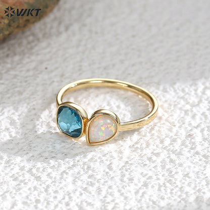 WT-MR037 Blue Square Zircon and Waterdrop Opal Charms Special Exquisite Design Ring for Winter&Autumn Fine Decorative