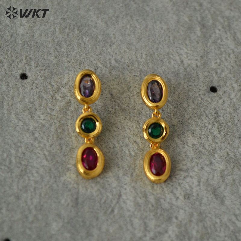 WT-ME106 Wholesale Fashion 18K Real Gold Plated Long Dangle Oval Colorful Cubic Zircon Women Earrings