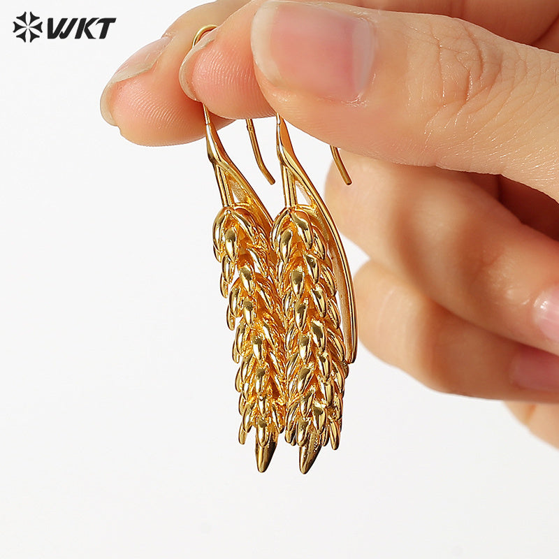WT-E745 Wholesale Fashion 18K Real Gold Plated Brass Metal Wheat Hoop Earrings Women Long Dangle Gift for Friend