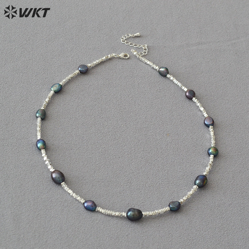 WT-JN260 Amazing Gorgeous Factory Sale Silver Black Tahiti Freshwater Pearl Beads Necklace for Friend Birthday Gift