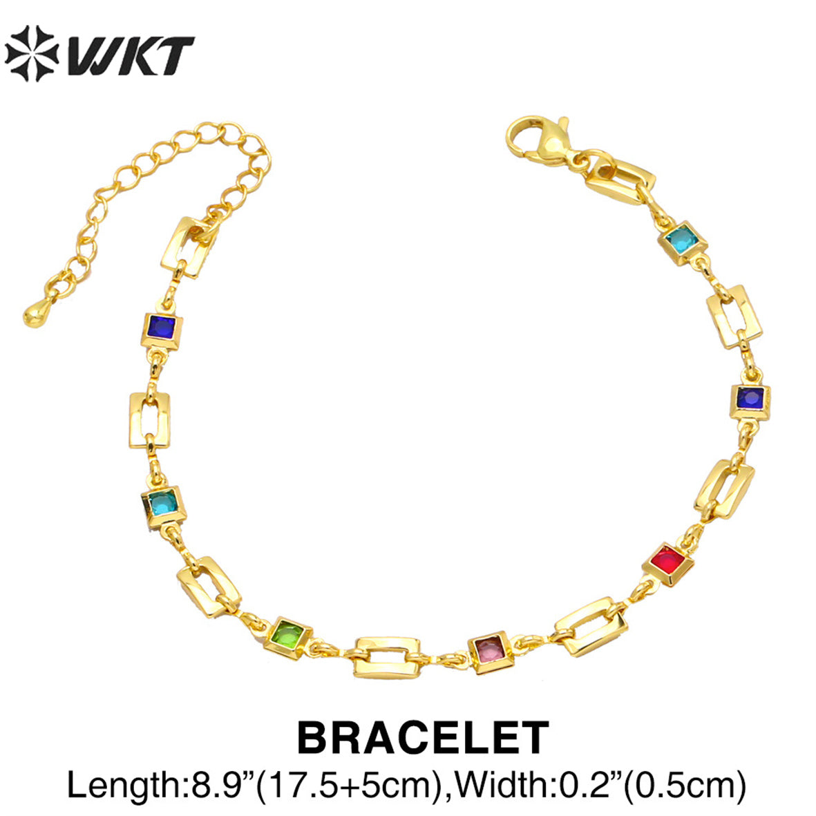 WT-BFN048 Hip-hop Trend Geometric Rectangular Stitching Necklace Bracelet Set Colored Zircon Necklace 18k Gold Metal Necklace