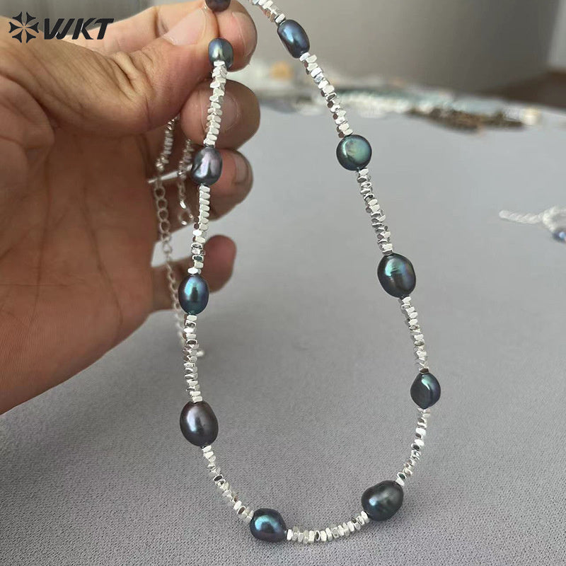 WT-JN260 Amazing Gorgeous Factory Sale Silver Black Tahiti Freshwater Pearl Beads Necklace for Friend Birthday Gift