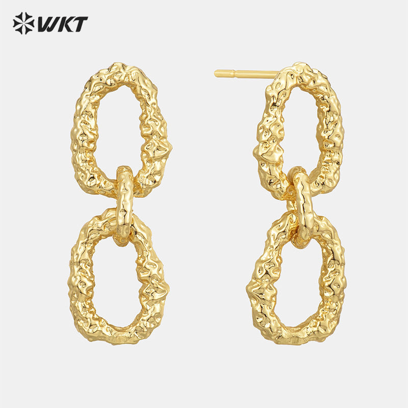 WT-E743 Wholesale Fashion France Hot Sale Chain Connect Metal Irregular lava Veins Earring With18k Real Gold Plated