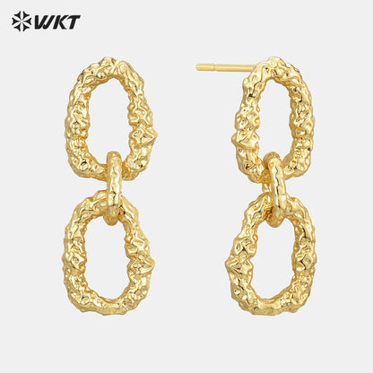 WT-E743 Wholesale Fashion France Hot Sale Chain Connect Metal Irregular lava Veins Earring With18k Real Gold Plated