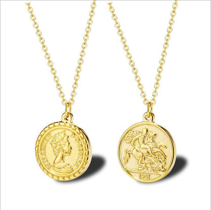 WT-REN014 Women Fashion Gold Plated Metal Round Coin Necklace Charming Elegant Full Gold Elizabeth Necklace