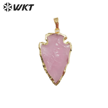 WT-P1878 New Material Fashion Gold Trim Natural Pink Opal Arrowhead in 1.5 Inch Pendant Natural Stone Hand Carved Opal Pendant