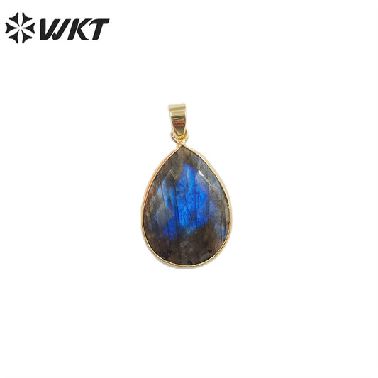 WT-P799 Faceted Teardrop Labradorite Pendant with Gold Electroplated Natual Colors Gold Pendant for Necklace Handmade Stone