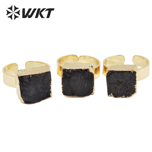 WT-R439 Amazing Fashion Black Tourmaline Energy Stone Ring Women Gold Electroplated Resist Tarnishable 12mm square Black Ring