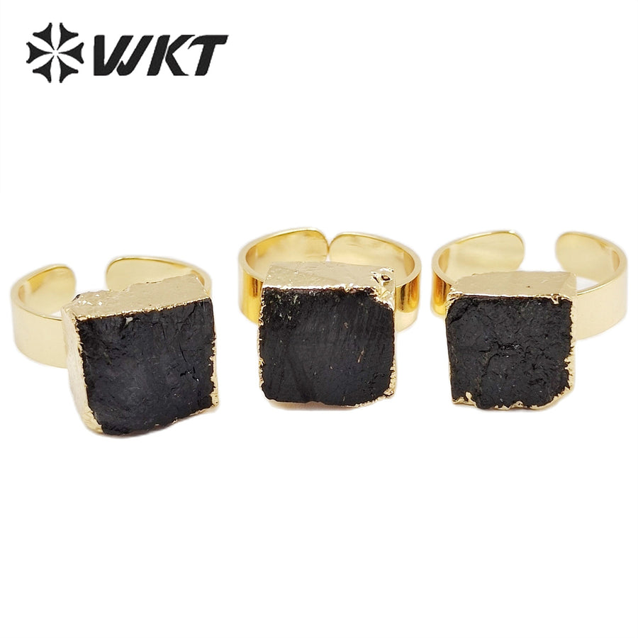 WT-R439 Amazing Fashion Black Tourmaline Energy Stone Ring Women Gold Electroplated Resist Tarnishable 12mm square Black Ring