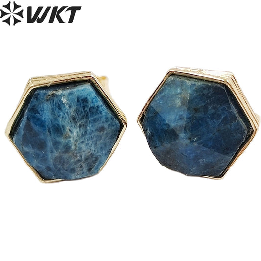WKT-E700 Wholesale New Fashion Gold Bezel Hexagon Stone Studs Earrings Faceted Natural Labradorite Amethyst Studs for Friends