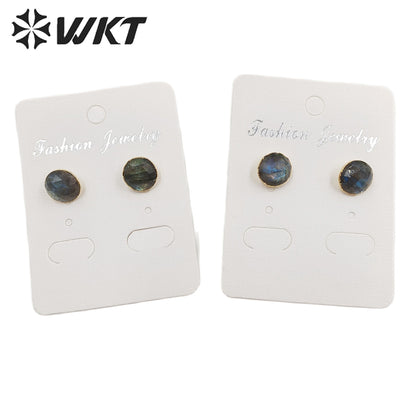 WT-E151 Fashion Lovely 10mm Sparkly Natural Labradorite Studs with Gold Trim Women Small Real Stone Studs Earrings