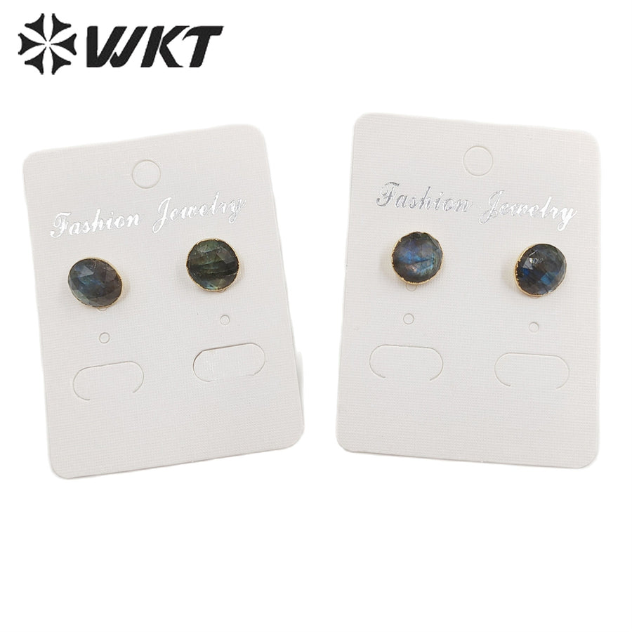 WT-E151 Fashion Lovely 10mm Sparkly Natural Labradorite Studs with Gold Trim Women Small Real Stone Studs Earrings