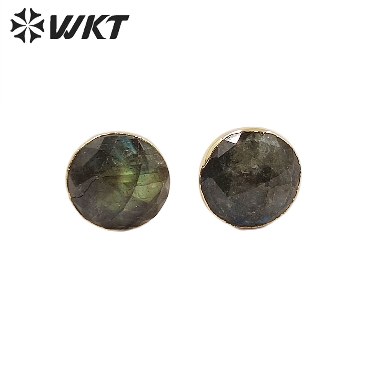 WT-E151 Fashion Lovely 10mm Sparkly Natural Labradorite Studs with Gold Trim Women Small Real Stone Studs Earrings