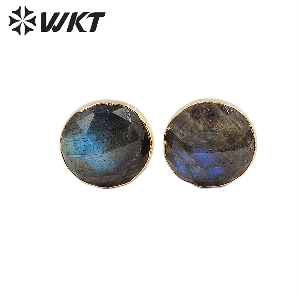 WT-E151 Fashion Lovely 10mm Sparkly Natural Labradorite Studs with Gold Trim Women Small Real Stone Studs Earrings