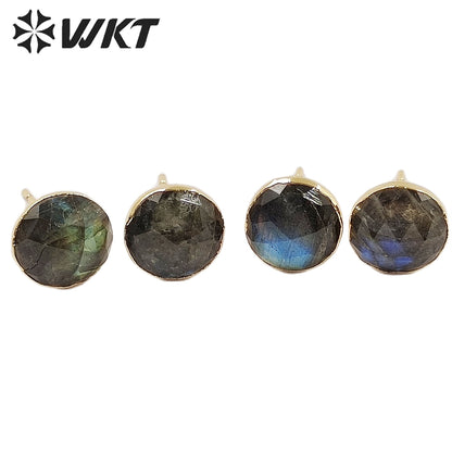 WT-E151 Fashion Lovely 10mm Sparkly Natural Labradorite Studs with Gold Trim Women Small Real Stone Studs Earrings