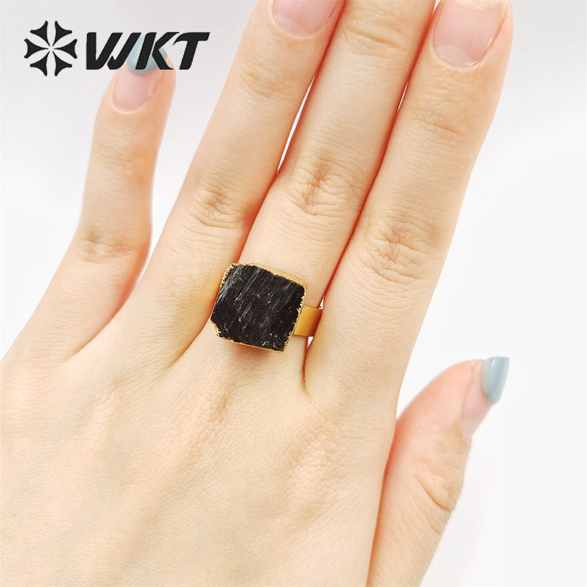 WT-R439 Amazing Fashion Black Tourmaline Energy Stone Ring Women Gold Electroplated Resist Tarnishable 12mm square Black Ring