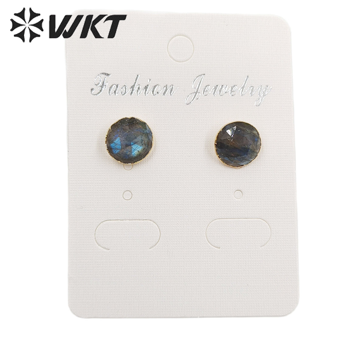 WT-E151 Fashion Lovely 10mm Sparkly Natural Labradorite Studs with Gold Trim Women Small Real Stone Studs Earrings