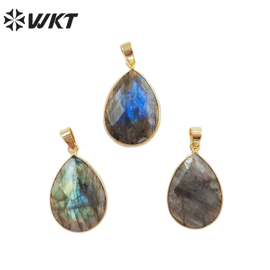WT-P799 Faceted Teardrop Labradorite Pendant with Gold Electroplated Natual Colors Gold Pendant for Necklace Handmade Stone