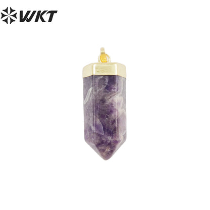 WT-P1880 WKT HOT Natural Stone Pendant 30mm Long Gold Top Black Obsidian Quartz Point Pendant for Necklace