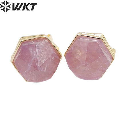 WKT-E700 Wholesale New Fashion Gold Bezel Hexagon Stone Studs Earrings Faceted Natural Labradorite Amethyst Studs for Friends